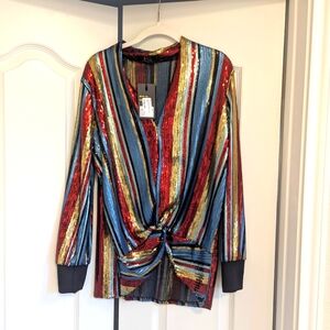 L&B sequin hi low striped blouse NWT S, but fits like a M/L